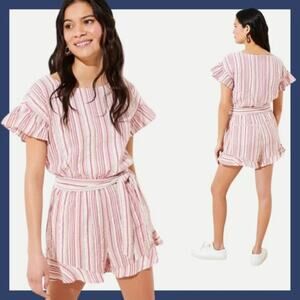 LOFT candy stripe seersucker romper | size XS | pink white ruffles striped